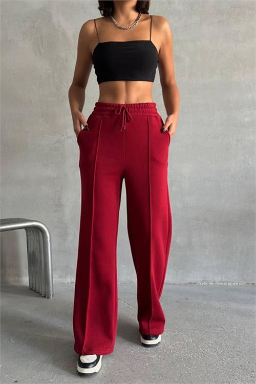 Neşeli butik kadın bordo cepli bol paça pamuklu eşofman altı NBG042