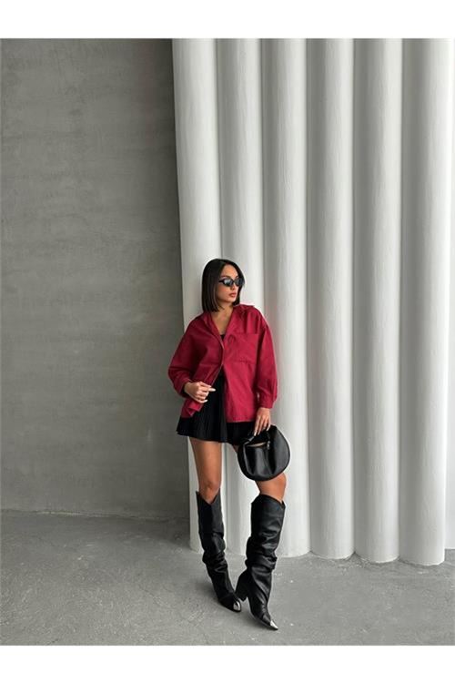 Neşeli butik kadın oversize cep detaylı poplin gömlek NBG072