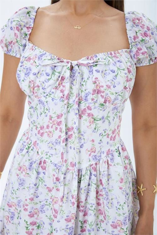 Neşeli butik kadın ekru çiçek desenli balon kol kare yaka midi elbise NBMY4108