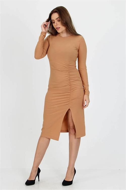 Neşeli butik kadın yırtmaç detaylı midi boy örme krep elbise SHNZ11