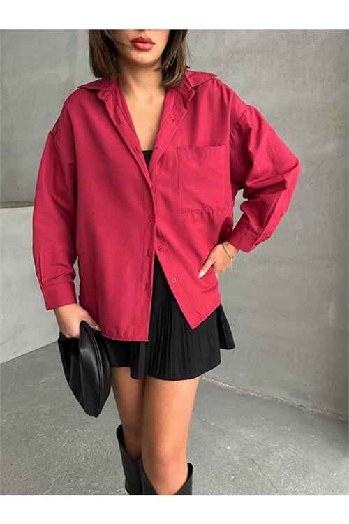 Neşeli butik kadın oversize cep detaylı poplin gömlek NBG072