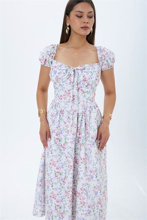 Neşeli butik kadın ekru çiçek desenli balon kol kare yaka midi elbise NBMY4108
