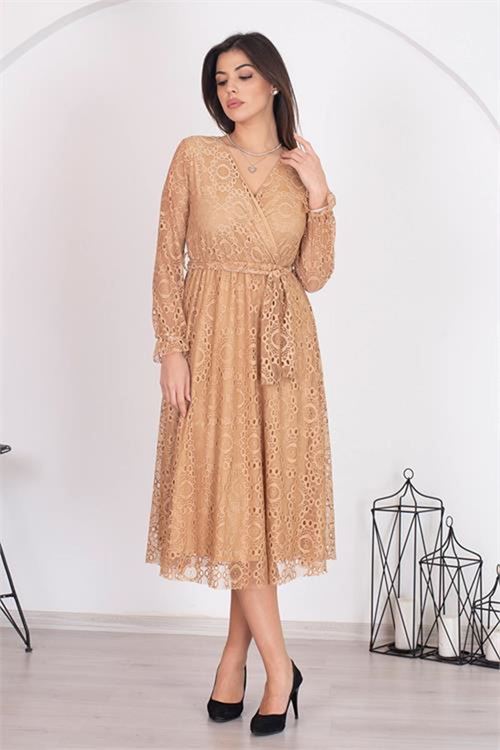 Neşeli butik kadın camel kuşaklı kruvaze yaka astarlı dantel elbise RSSN31
