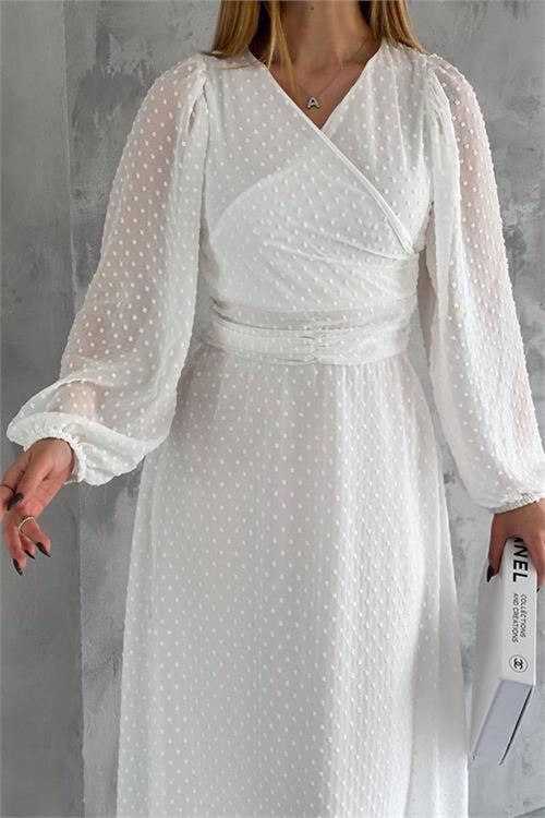 Neşeli butik kadın kemer detaylı astarlı ponpon şifon elbise NBKKLF2052