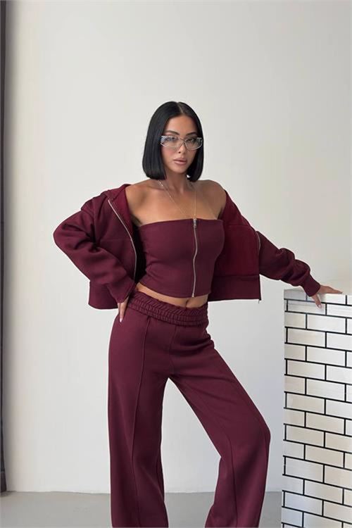 Neşeli butik kadın bordo fermuarlı 3 iplik şardonlu üçlü yeni sezon eşofman takımı NBG6372