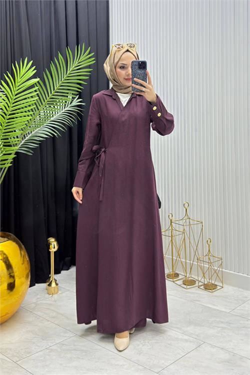 Neşeli butik kadın bordo kol düğme detaylı beğlamalı tesettür ferace elbise --- NMS097