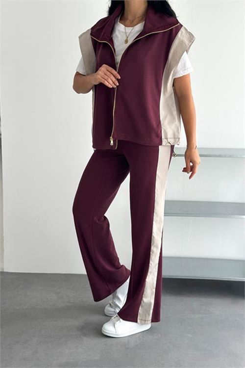 Neşeli butik kadın bordo çift renkli oversize yelekli premium eşofman takımı NBRW5063