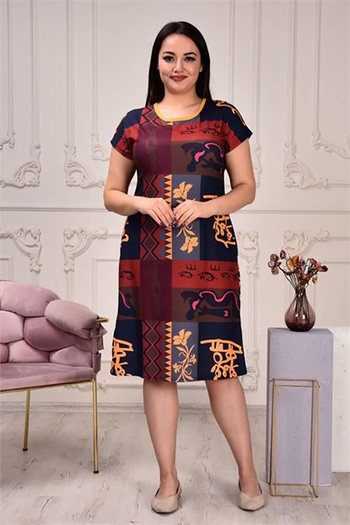 Neşeli butik kadın büyük beden desenli viskon elbise AYSL91