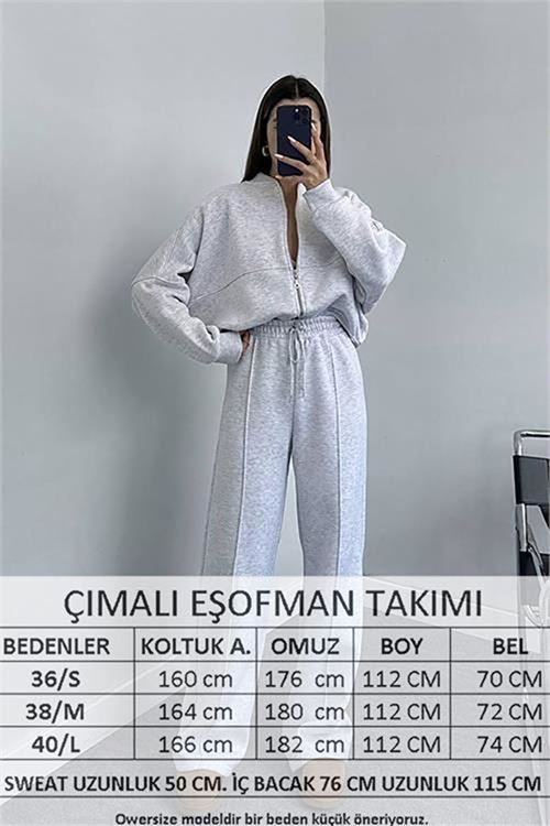 Neşeli butik kadın penye 3 iplik şardonlu kumaş eşofman takımı GTS022 - Gri