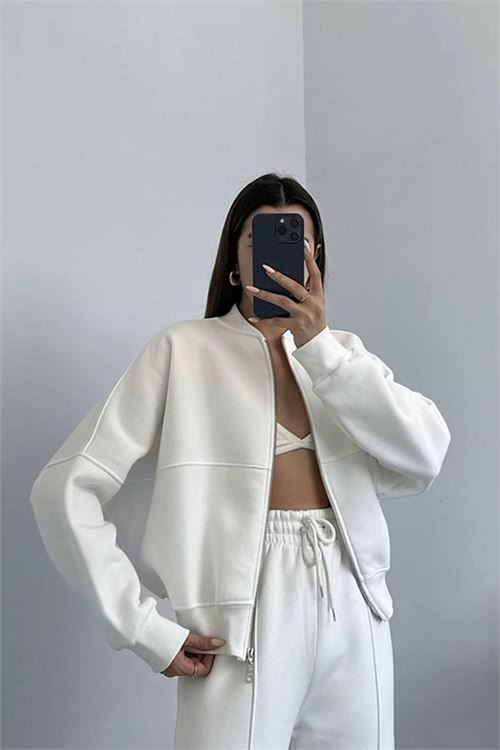 Neşeli butik kadın penye 3 iplik şardonlu kumaş eşofman takımı GTS022 - Ekru