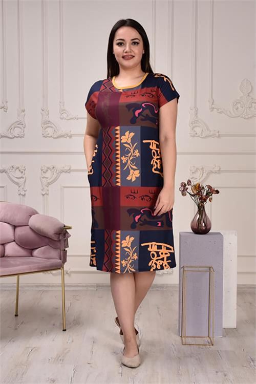 Neşeli butik kadın büyük beden desenli viskon elbise AYSL91