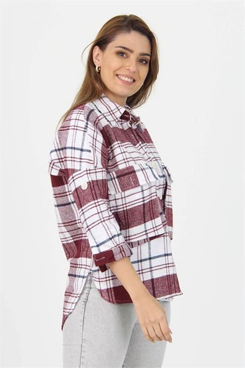 Neşeli butik kadın katlanabilir kol cep detaylı ekose oduncu gömlek NB9020