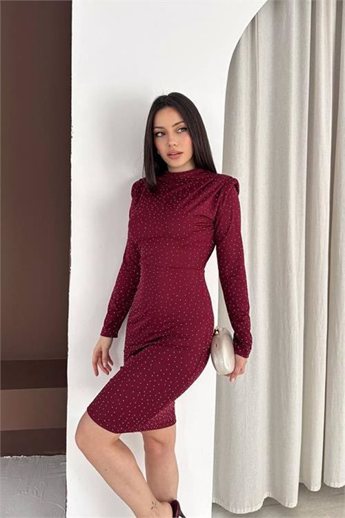 Neşeli butik kadın bordo dik yaka vatkalı taş detaylı mini elbise NBK5001