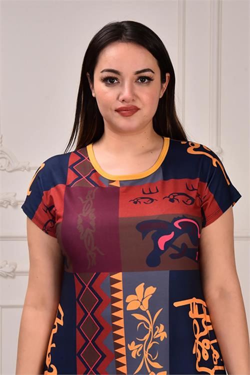 Neşeli butik kadın büyük beden desenli viskon elbise AYSL91