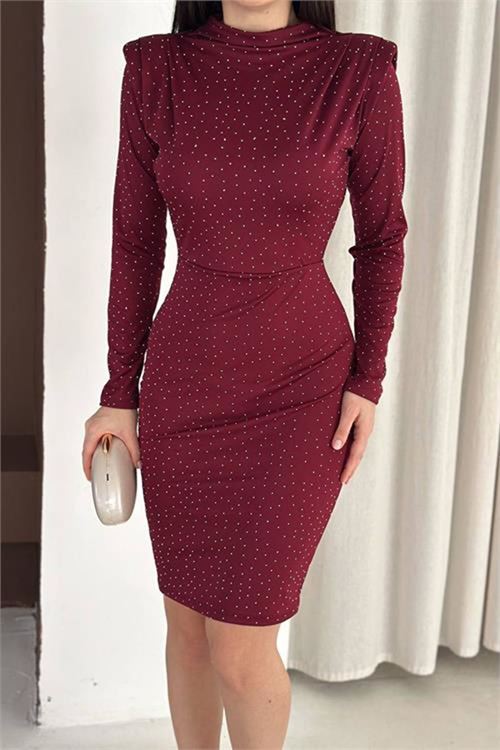 Neşeli butik kadın bordo dik yaka vatkalı taş detaylı mini elbise NBK5001
