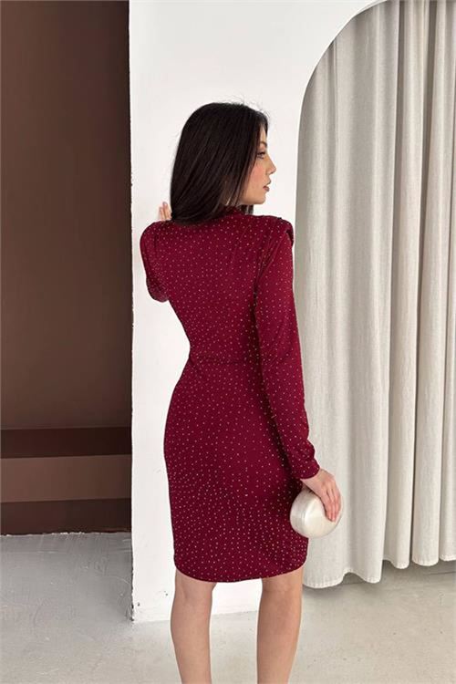 Neşeli butik kadın bordo dik yaka vatkalı taş detaylı mini elbise NBK5001