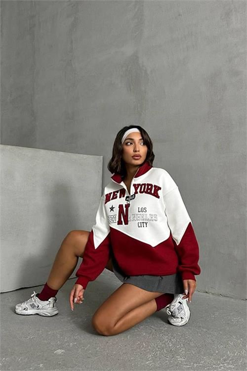 Neşeli butik kadın bordo fermuarlı New york sweat NBG050