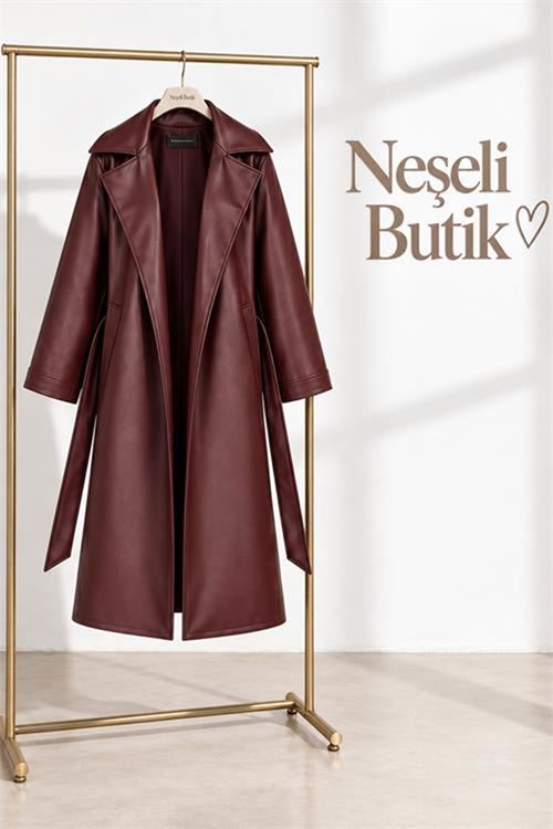 Neşeli butik kadın bordo kol detaylı tam boy suni deri kuşaklı premium trençkot NBELV01