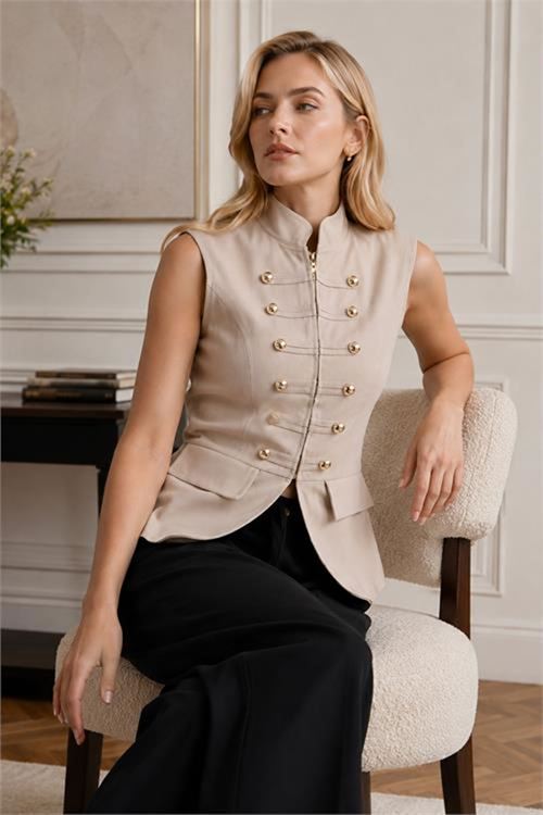 Neşeli butik kadın bej dik yaka düğmeli ZR model premium gabardin yelek NBYLK001