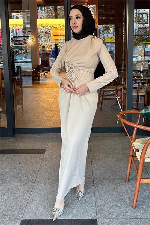 Neşeli butik kadın likralı düğme detaylı tesettür elbise NMS046