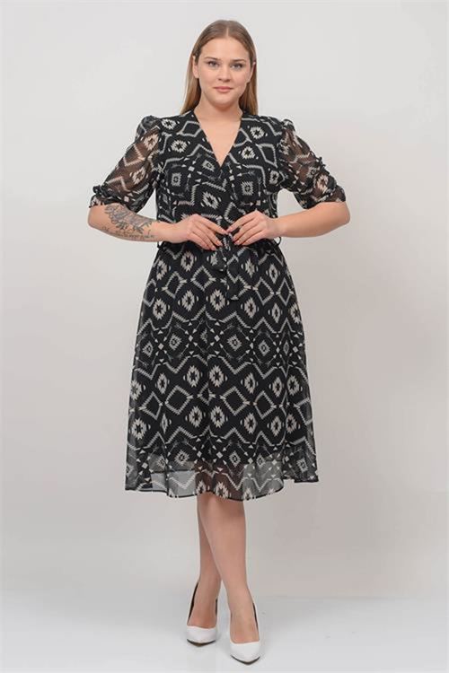 Neşeli butik kadın kruvaze yaka midi boy büyük beden desenli şifon elbise NB80622