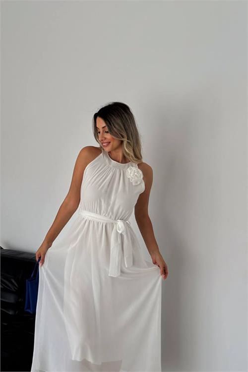 Neşeli butik kadın gül broş detaylı uzun şifon elbise NBK2144