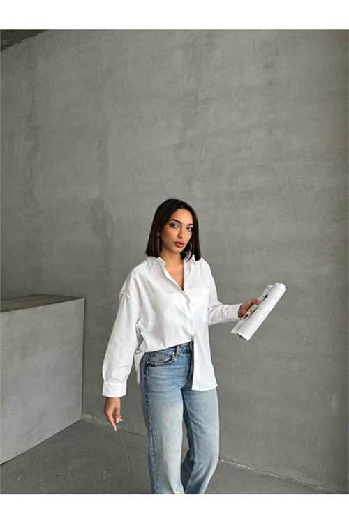 Neşeli butik kadın oversize cep detaylı poplin gömlek NBG072