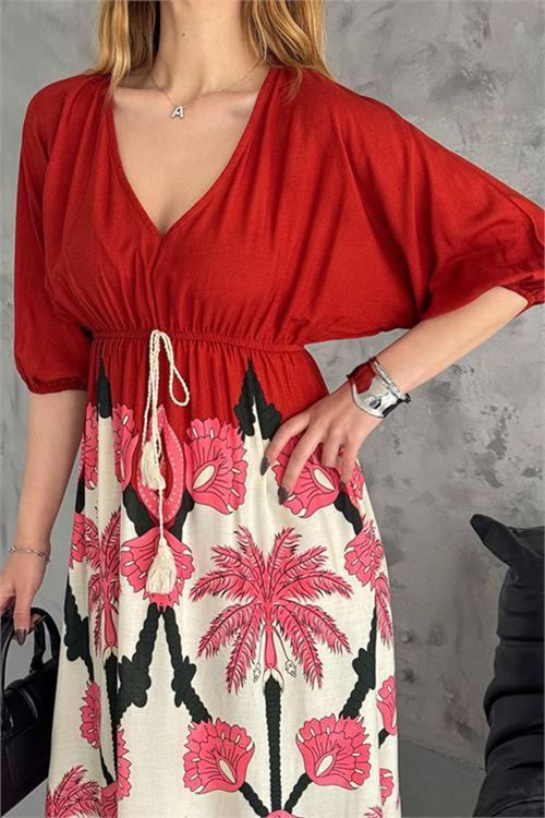 Neşeli butik kadın V-yaka desenli dokuma viskon elbise NBK2092