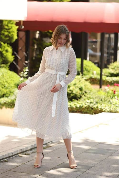Neşeli butik kadın beyaz puantiyeli gömlek yaka şifon elbise RSSN46