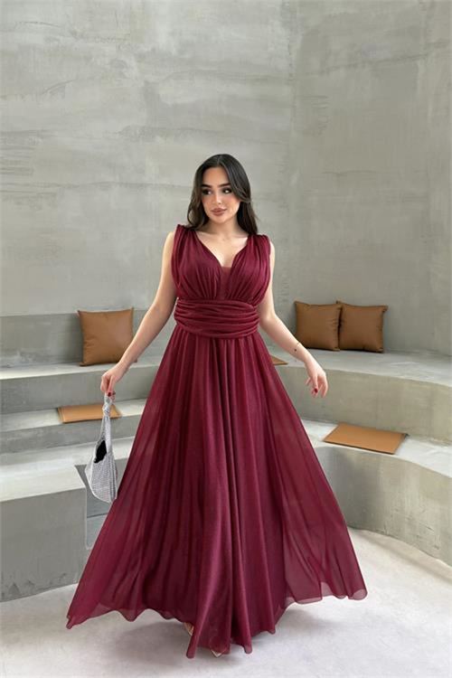 Neşeli butik kadın bordo v yaka simli tül abiye elbise NBS9223