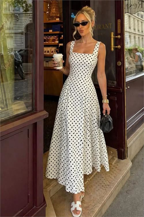 Neşeli butik kadın beyaz kalın askılı puantiye desenli tam boy elbise NBNP028