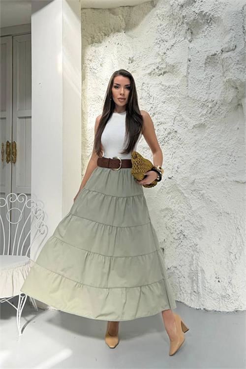 Neşeli butik kadın bej kat kat volanlı tam boy etek NBG128