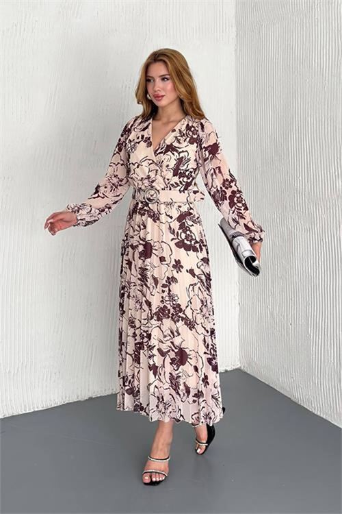 Neşeli butik kadın kemerli midi boy desenli şlifon elbise NBK2030