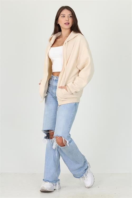 Neşeli butik kadın kapüşonlu cep ve fermuar detaylı sweatshirt FVR003