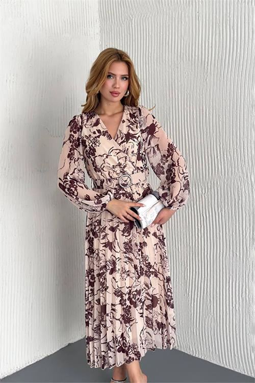 Neşeli butik kadın kemerli midi boy desenli şlifon elbise NBK2030