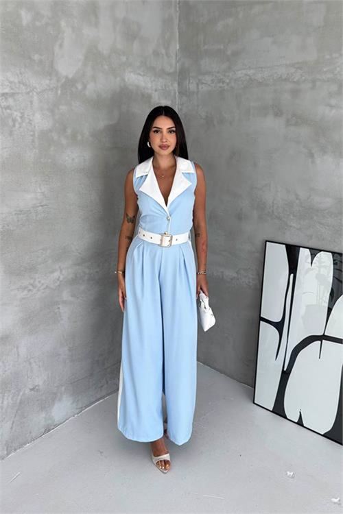 Neşeli butik kadın bebe mavi çift renkli kemerli şerit detaylı tam boy kolsuz tulum NBK087