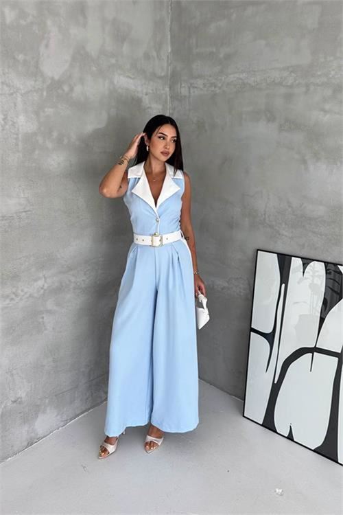 Neşeli butik kadın bebe mavi çift renkli kemerli şerit detaylı tam boy kolsuz tulum NBK087