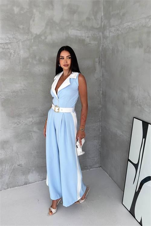 Neşeli butik kadın bebe mavi çift renkli kemerli şerit detaylı tam boy kolsuz tulum NBK087