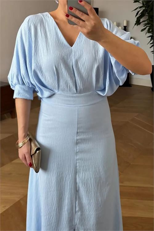 Neşeli Butik bebe mavi V-yaka likralı yazlık elbise NBMY3579