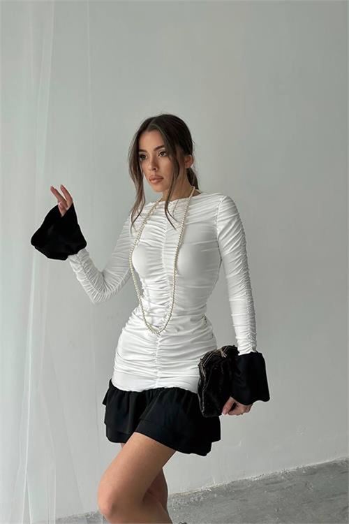 Neşeli butik kadın büzgülü bluz mini elbise NBDF024