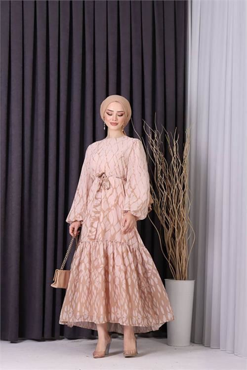 Neşeli butik kadın şifon eteği fırfırlı desenli tesettür elbise SMS008