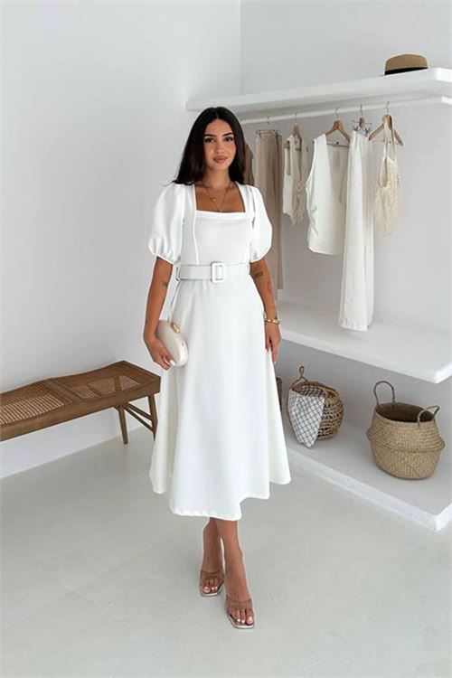Neşeli butik kadın balon kol kare yaka yazlık elbise NBK4245