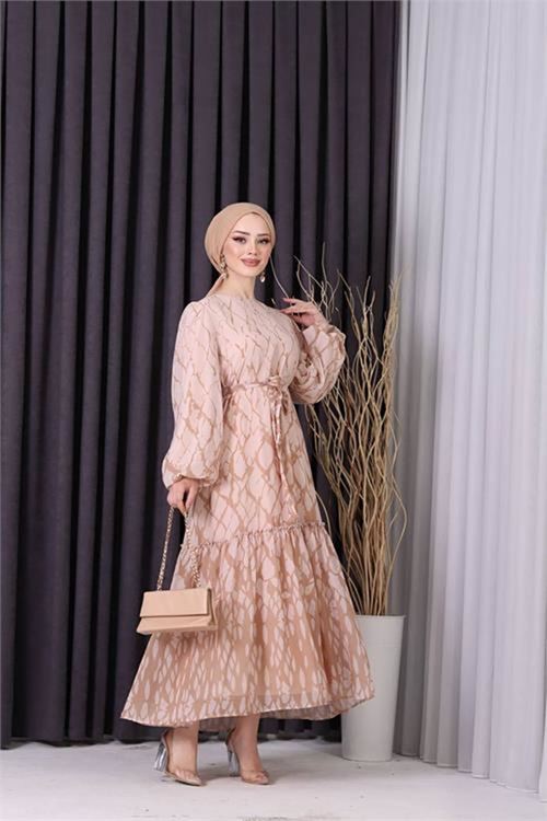 Neşeli butik kadın şifon eteği fırfırlı desenli tesettür elbise SMS008