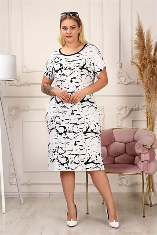 Neşeli butik kadın desenli büyük beden elbise AYSL51 - Beyaz