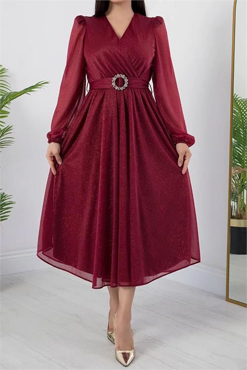 Neşeli butik kadın kemer ve vatka detaylı simli midi elbise RYMY3590