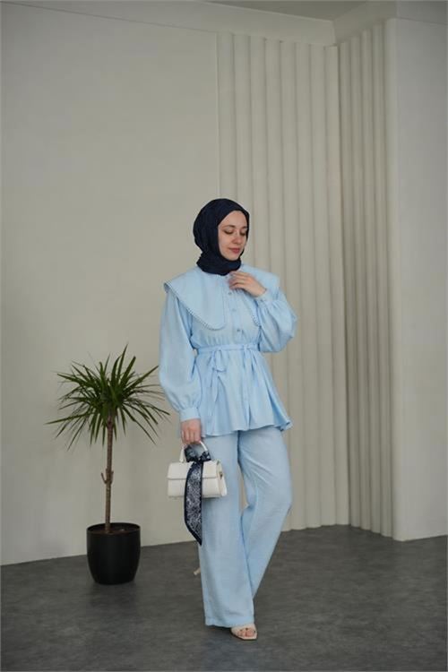 Neşeli butik kadın bebe mavi geniş kesim yaka detaylı kuşaklı ikili tesettür takım NBVQ3148