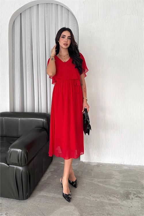 kadın kuşaklı midi boy şifon elbise DPK4116