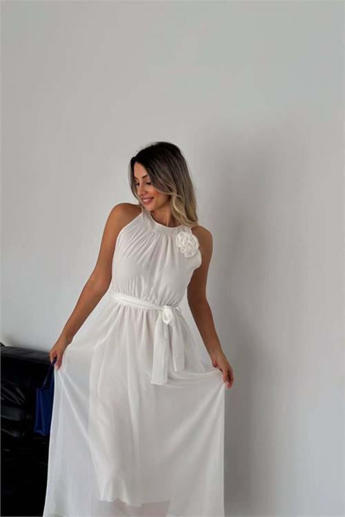 kadın gül broş detaylı uzun şifon elbise DPK2144