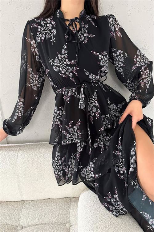 kadın astarlı eteği kat kat desenli şifon elbise DPKKLF2036