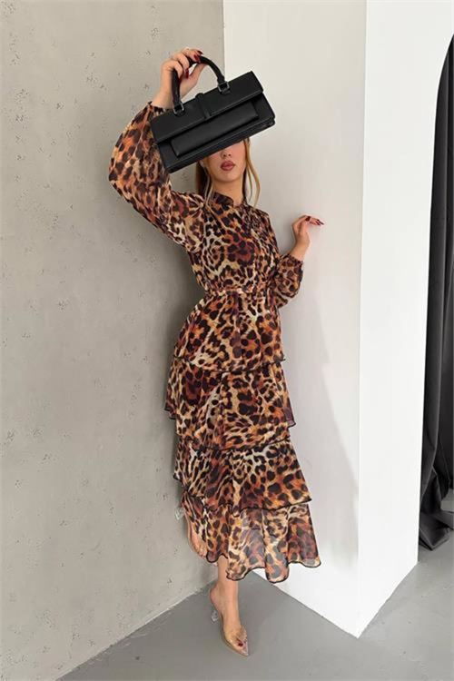 kadın eteği kat kat leopar desenli şifon elbise DPKKLF2036